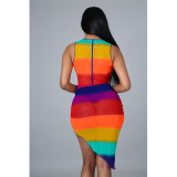 Sexy Rainbow Striped Hollow Twist Split Two-piece Set YF8020