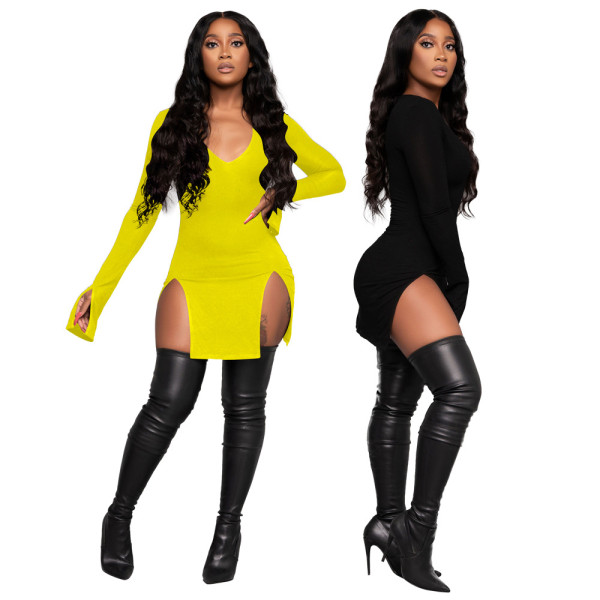 Solid color high waist V-neck split sexy nightclub style long sleeve dress W9305