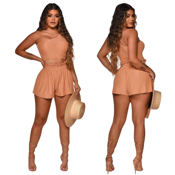 Comfortable fine hole strip tube top sexy casual sports solid color two-piece suit W9307