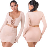 Lace-up long-sleeved sexy blouse with split buttocks miniskirt autumn two-piece suit W9318