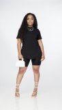 Solid color sexy hip-lifting five-point pants two-piece blouse with side slits and eyelet straps W9311