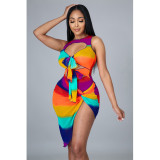 Sexy Rainbow Striped Hollow Twist Split Two-piece Set YF8020