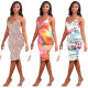 English letter V-neck print sexy hip-lift sling tight-fitting dress W9313