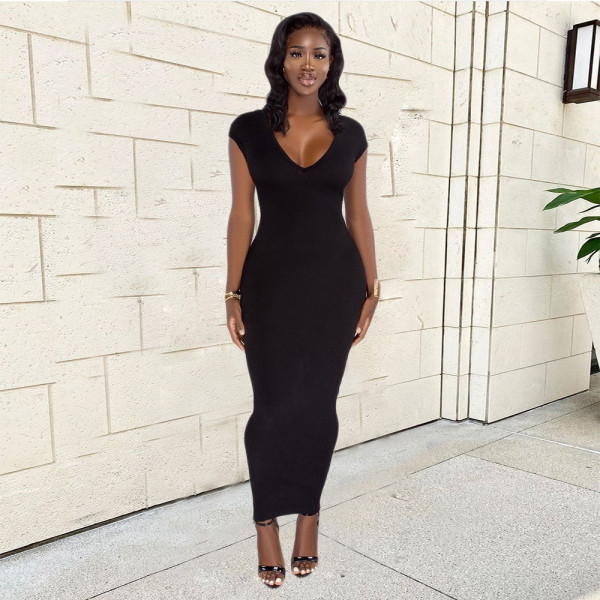 Temperament sexy solid color sleeveless V-neck back slit zipper long dress XT8897