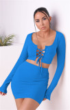 Lace-up long-sleeved sexy blouse with split buttocks miniskirt autumn two-piece suit W9318