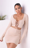 Lace-up long-sleeved sexy blouse with split buttocks miniskirt autumn two-piece suit W9318