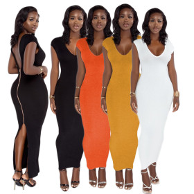 Temperament sexy solid color sleeveless V-neck back slit zipper long dress XT8897