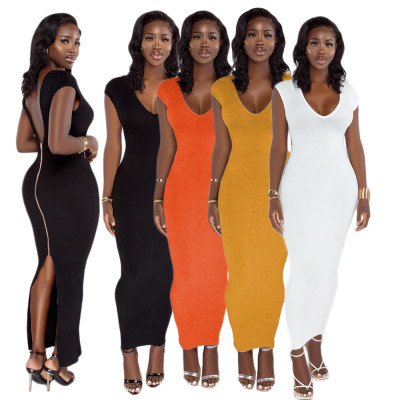 Temperament sexy solid color sleeveless V-neck back slit zipper long dress XT8897