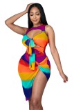 Sexy Rainbow Striped Hollow Twist Split Two-piece Set YF8020