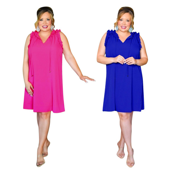 V-neck big skirt with wooden ears plus size women's dress W9309