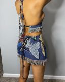 Fashion casual tassel positioning printing trend two-piece short skirt suit Y7024