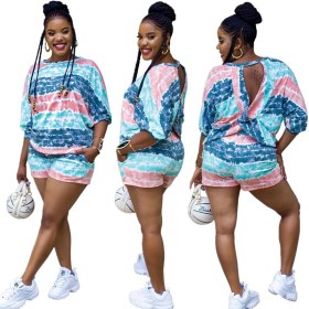 Hot style open back tie-dye with pockets bat sleeve casual suit MH2035