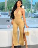 Women's hollow fashion sexy solid color lace split sleeveless jumpsuit PQ8054