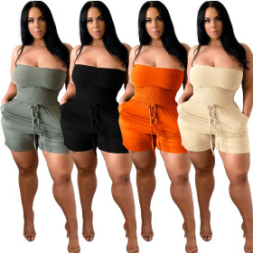 Flat Shoulder Wrapped Chest Loose Pocket Shorts Jumpsuit CH8218