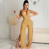 Women's hollow fashion sexy solid color lace split sleeveless jumpsuit PQ8054