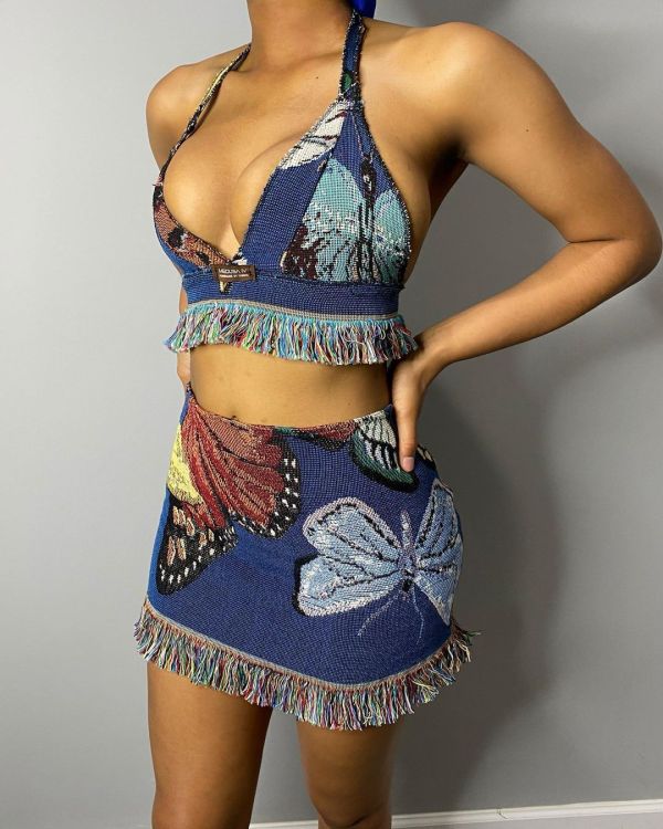 Fashion casual tassel positioning printing trend two-piece short skirt suit Y7024