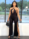 Women's hollow fashion sexy solid color lace split sleeveless jumpsuit PQ8054