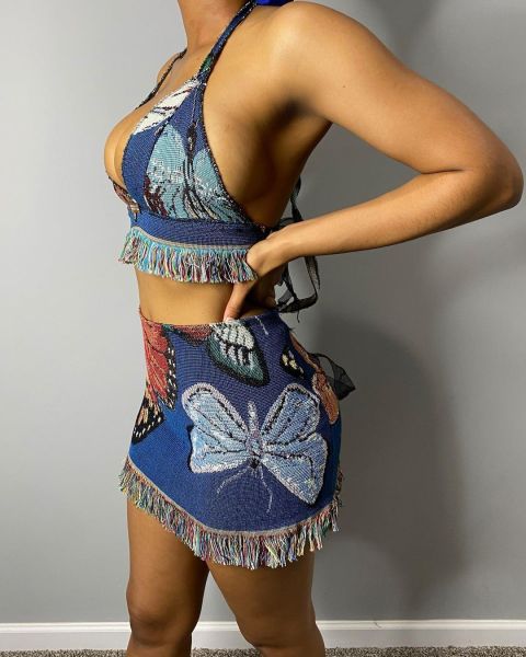 Fashion casual tassel positioning printing trend two-piece short skirt suit Y7024
