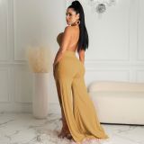 Women's hollow fashion sexy solid color lace split sleeveless jumpsuit PQ8054