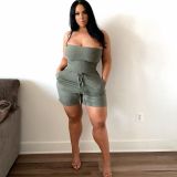 Flat Shoulder Wrapped Chest Loose Pocket Shorts Jumpsuit CH8218
