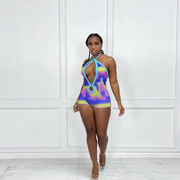 Summer fashion print neck halter jumpsuit L6298