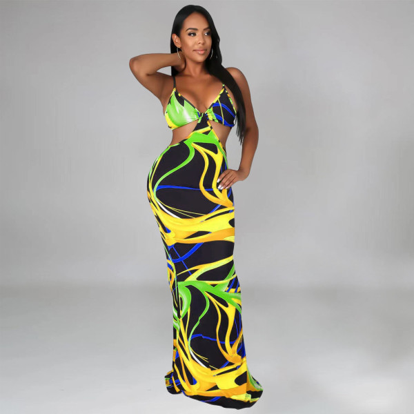 New Sexy Sleeveless Vest Sling Tie-Dye Printed Dress L6296