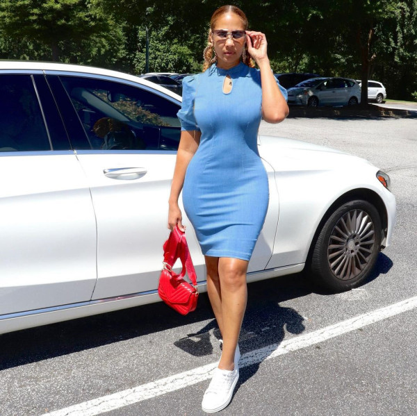 High elastic imitation denim half-height round neck dress with puff sleeves A861