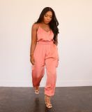 Women's multi-pocket elastic waist solid color jumpsuit JC7060