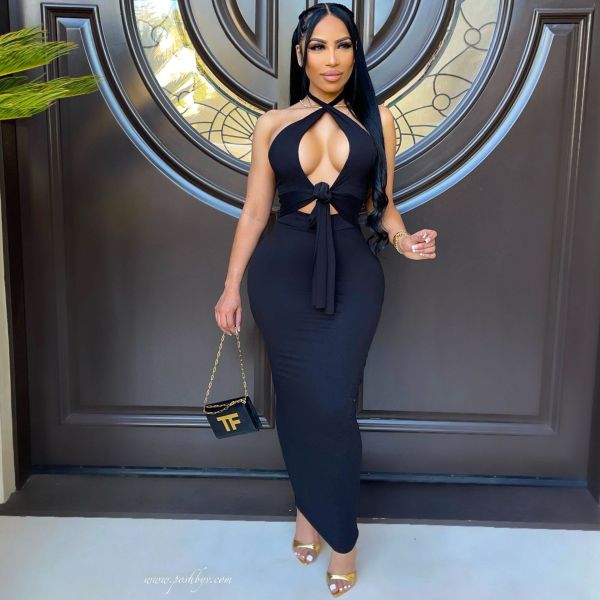 New bandage halter neck tie nightclub skirt temperament commuter dress D8273-1
