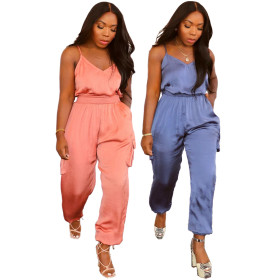 Women's multi-pocket elastic waist solid color jumpsuit JC7060