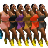 Solid color bubble fabric U-neck tank top and tights sports suit M9071
