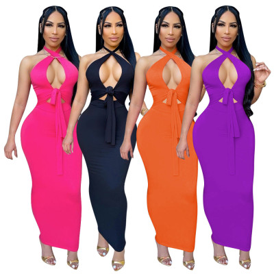New bandage halter neck tie nightclub skirt temperament commuter dress D8273-1