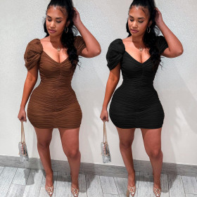 Temperament solid color pleated sexy hip dress dress XR2151