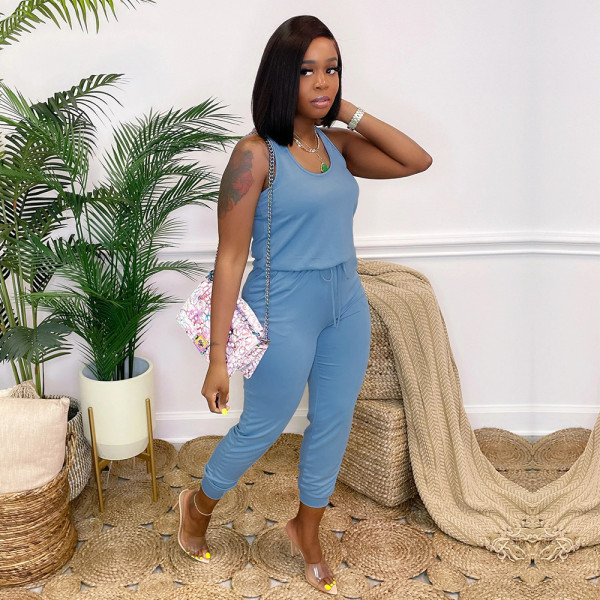 Women's clothing, solid color fashion, tight waistband, pocket vest jumpsuit XR2153