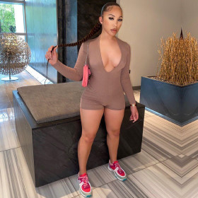 Sexy bare chest solid color long-sleeved small pit strip jumpsuit TY00002