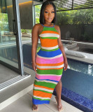 Sexy pit strip positioning print halter dress DL8093