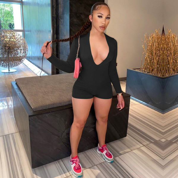 Sexy bare chest solid color long-sleeved small pit strip jumpsuit TY00002