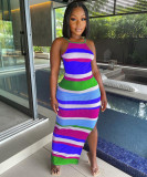 Sexy pit strip positioning print halter dress DL8093