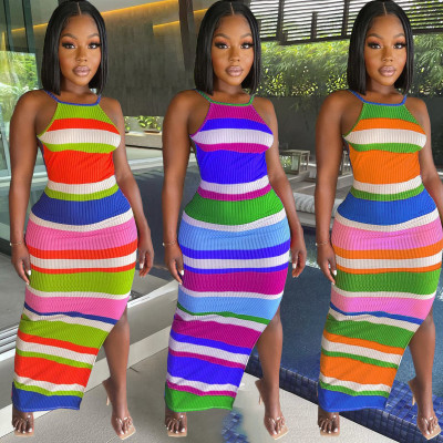 Sexy pit strip positioning print halter dress DL8093