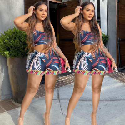 Fashion fringed shorts one-shoulder top two-piece suit XR2160