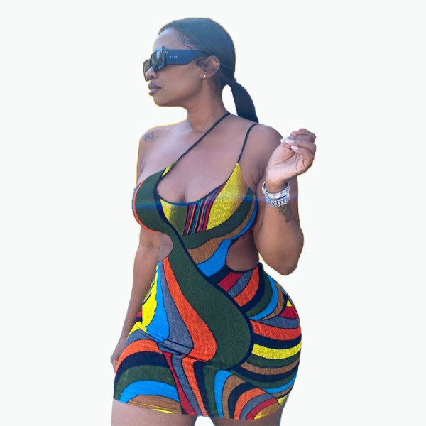 Sexy graffiti strap tight-fitting hip skirt dress FFD1122