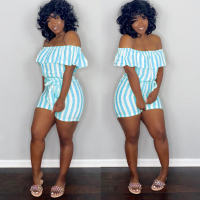 Sexy striped print lotus leaf one-shoulder jumpsuit YQ05013