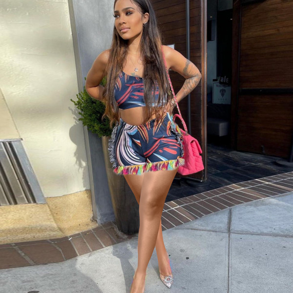 Fashion fringed shorts one-shoulder top two-piece suit XR2160