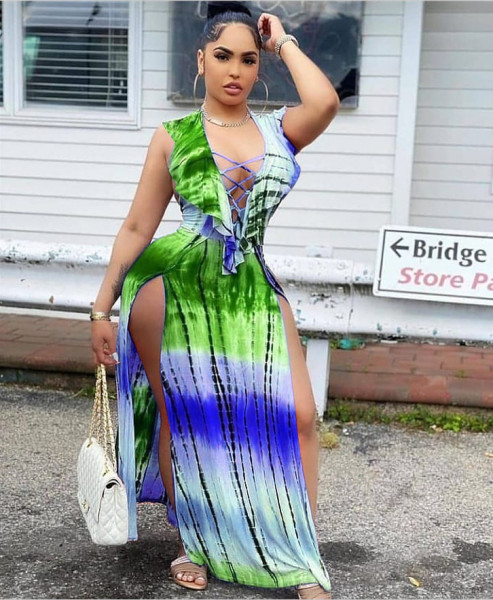 Women's drawstring cardigan positioning printing long skirt plus size women's clothing JR3612
