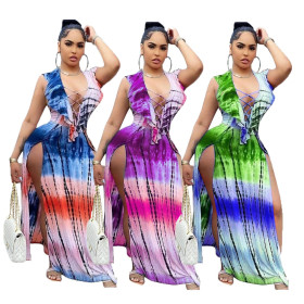 Women's drawstring cardigan positioning printing long skirt plus size women's clothing JR3612