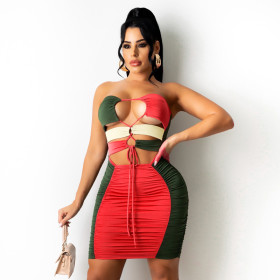 New contrast color tether hollow sexy bag hip dress D165644W
