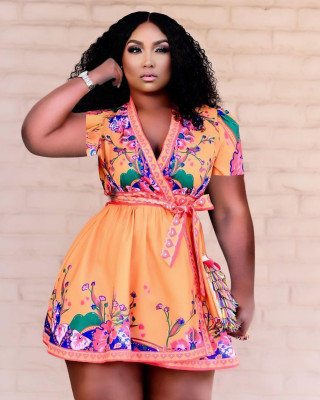 Positioning burnt flower dress plus size women's clothing JR3616