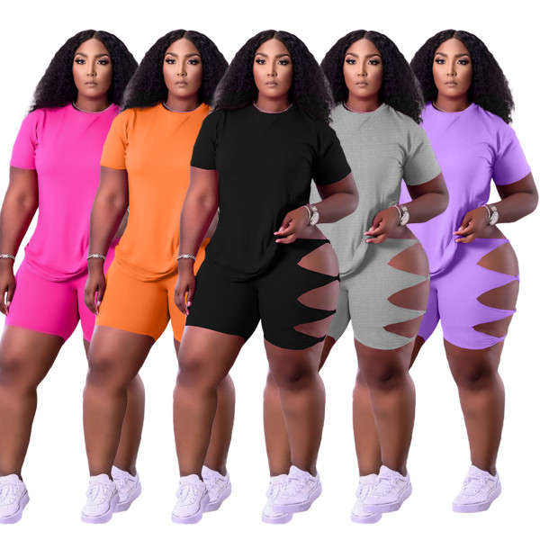 Sexy nightclub hole suit plus size solid color two-piece suit ZH8538