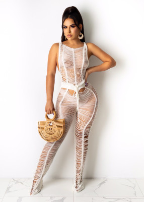 Women's sexy solid color knitted hollow casual one-piece beach pants TS1157