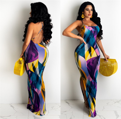 Slim-fit suspender painted print dress LS6441
